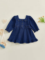 Lioraitiin Toddler Baby Girl Denim Dress Long Puff Sleeve Button Down
