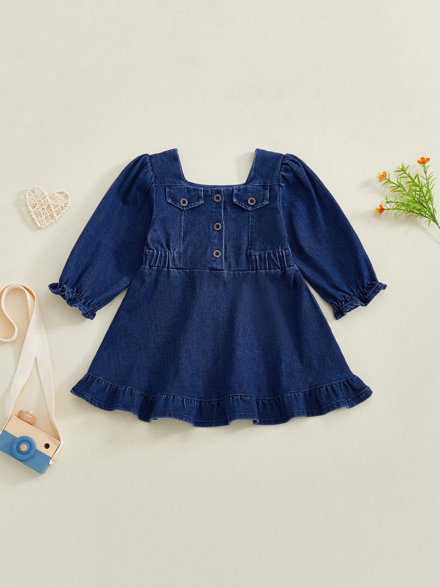 Lioraitiin Toddler Baby Girl Denim Dress Long Puff Sleeve Button Down