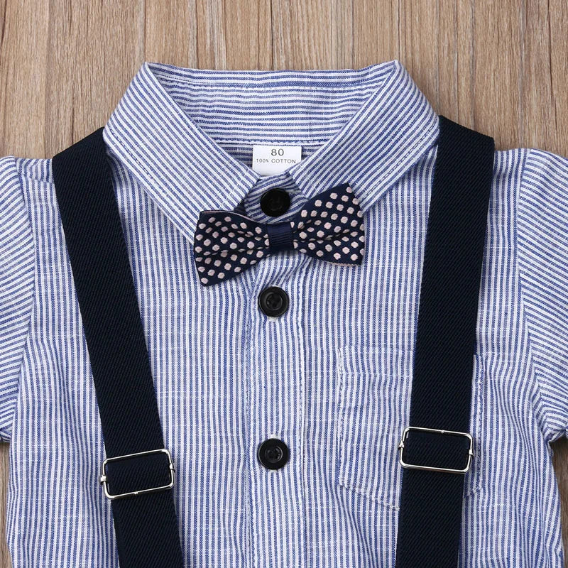 Lioraitiin Newborn Boys Stripe Short Sleeve Gentleman 2PCS Set Romper