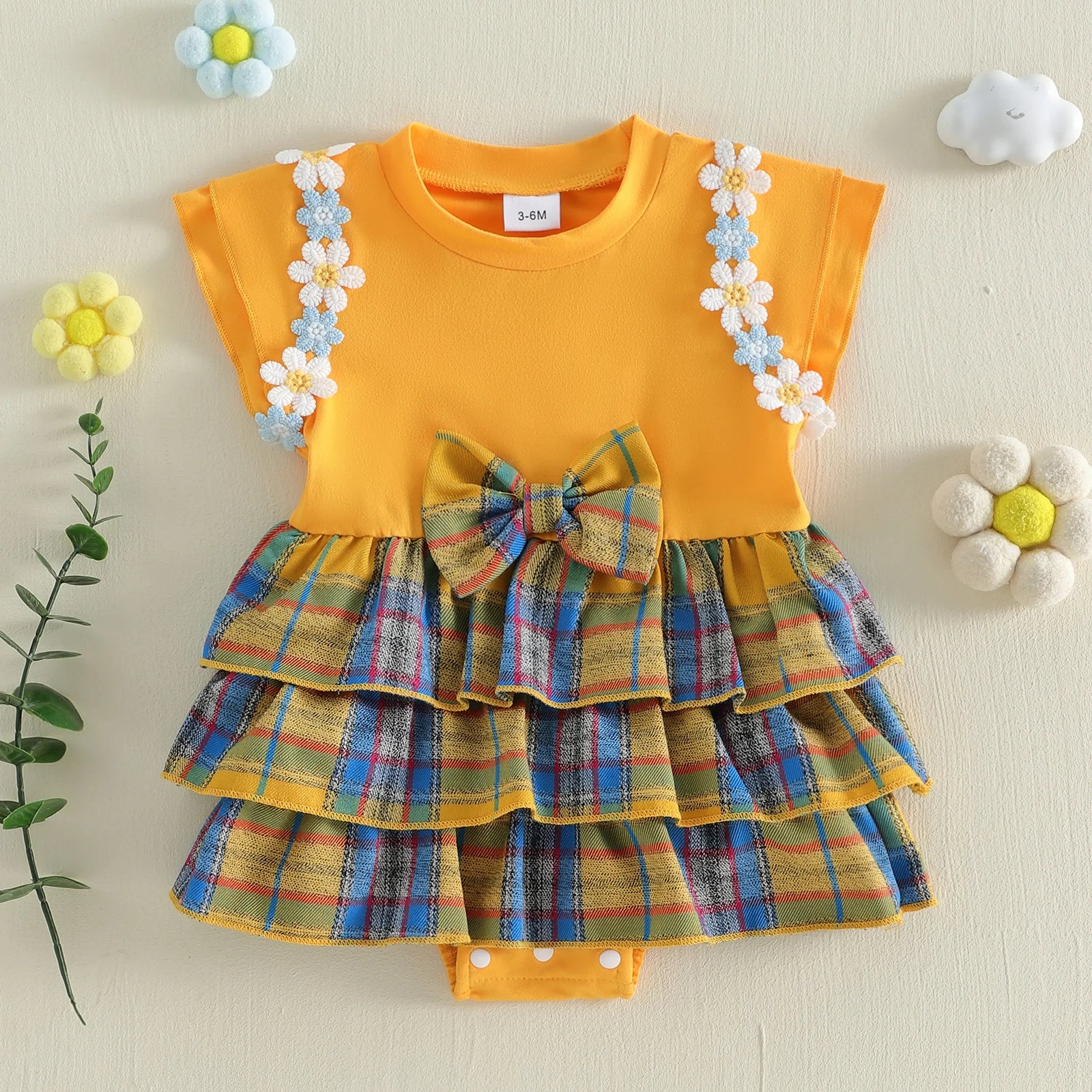 Lioraitiin Baby Girls Rompers Floral Embroidery Plaid Ruffles Skirt