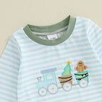Lioraitiin Baby Boy Romper Embroidered Striped Crew Neck Long Sleeve