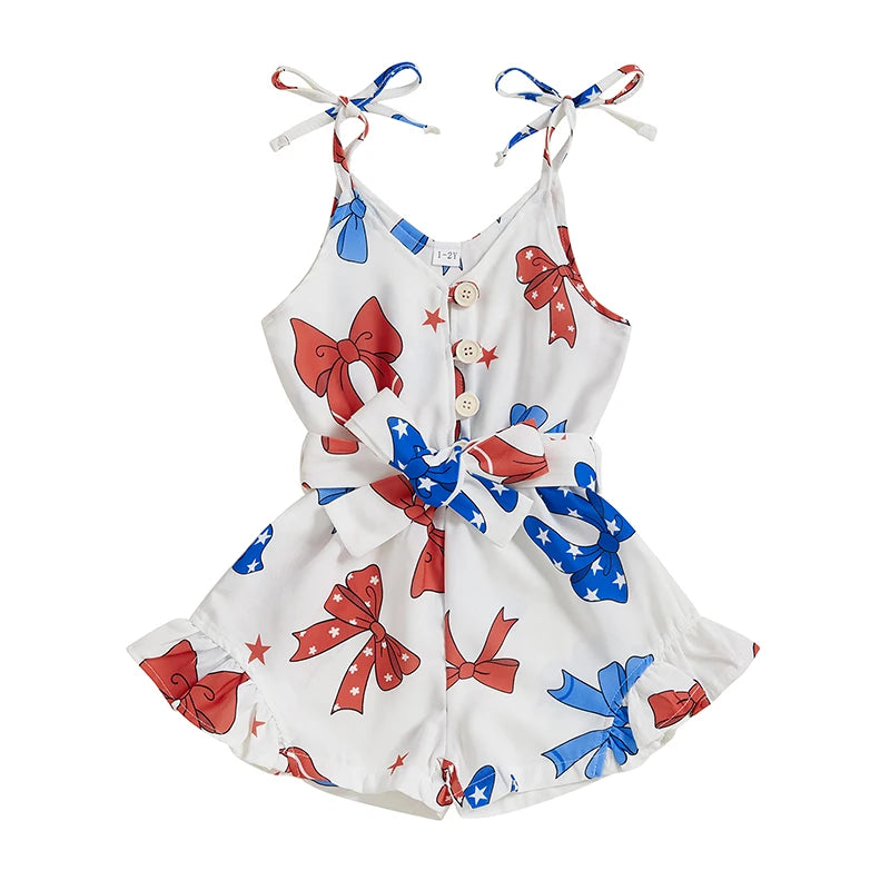 Lioraitiin Kid Girl 4th of July Overalls Shorts Bow/Popsicle Print
