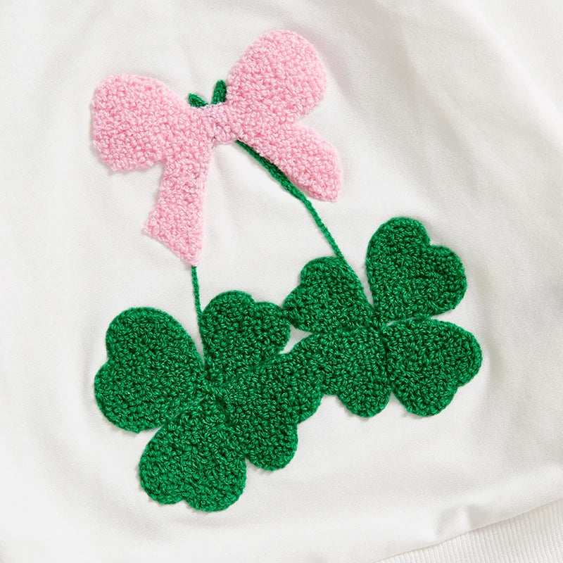 Toddler Baby Girl Irish Sweatshirt Bow Clover Embroidery Long Sleeve
