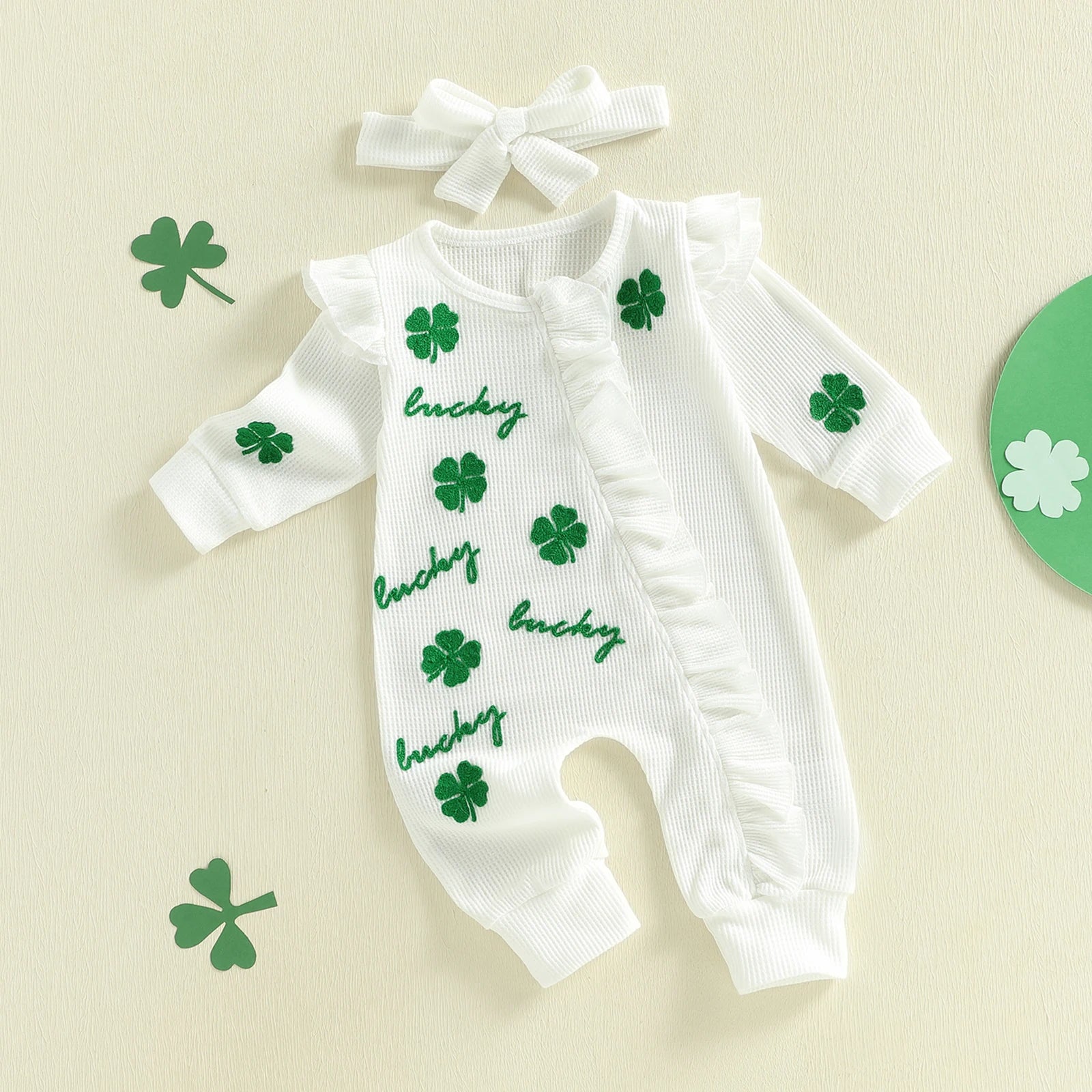 Lioraitiin Baby Girl Outfit Clover Letters Embroidery Ruffle Long