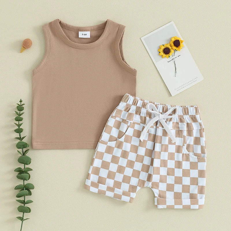 lioraitiin Baby Boy Solid Sleeveless Tank Top Checkered Shorts 2Pcs