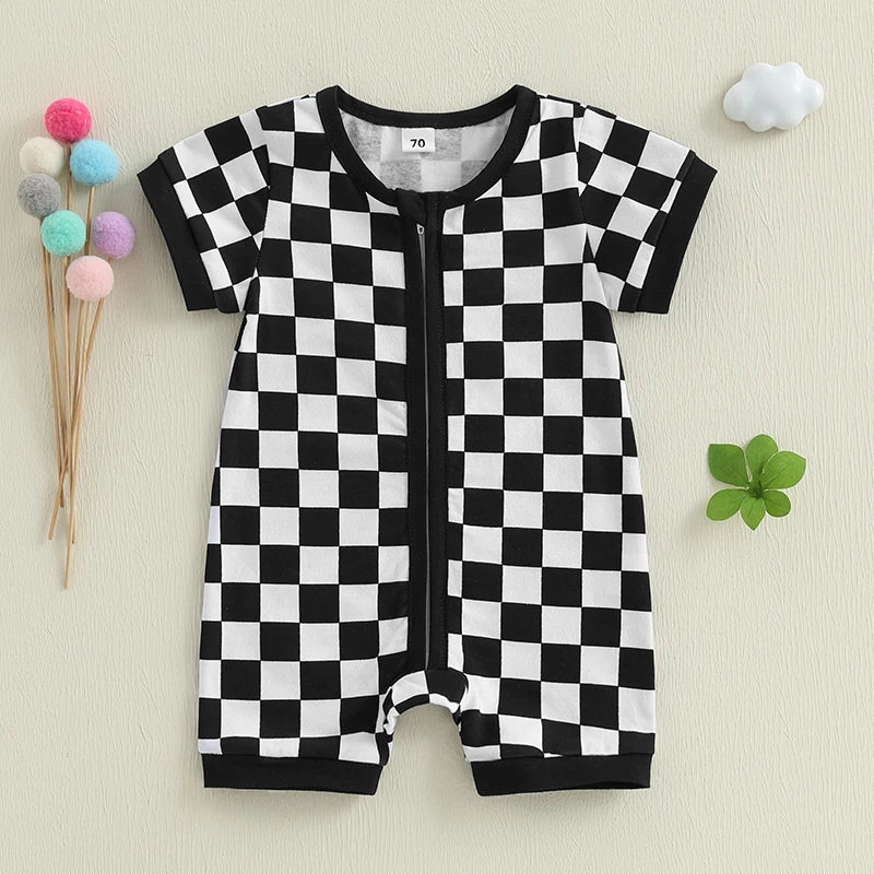 Lioraitiin Baby Boys Romper Checkerboard Print Short Sleeve Round