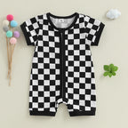Lioraitiin Baby Boys Romper Checkerboard Print Short Sleeve Round