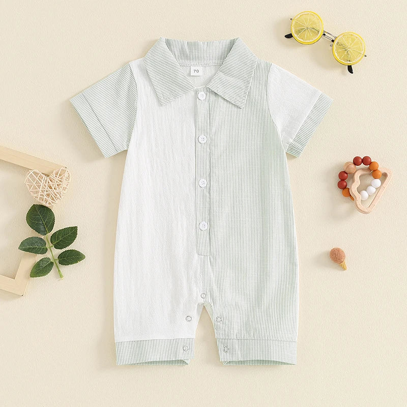 Lioraitiin Baby Boy Jumpsuit Short Sleeve Lapel Collar Stripes Print