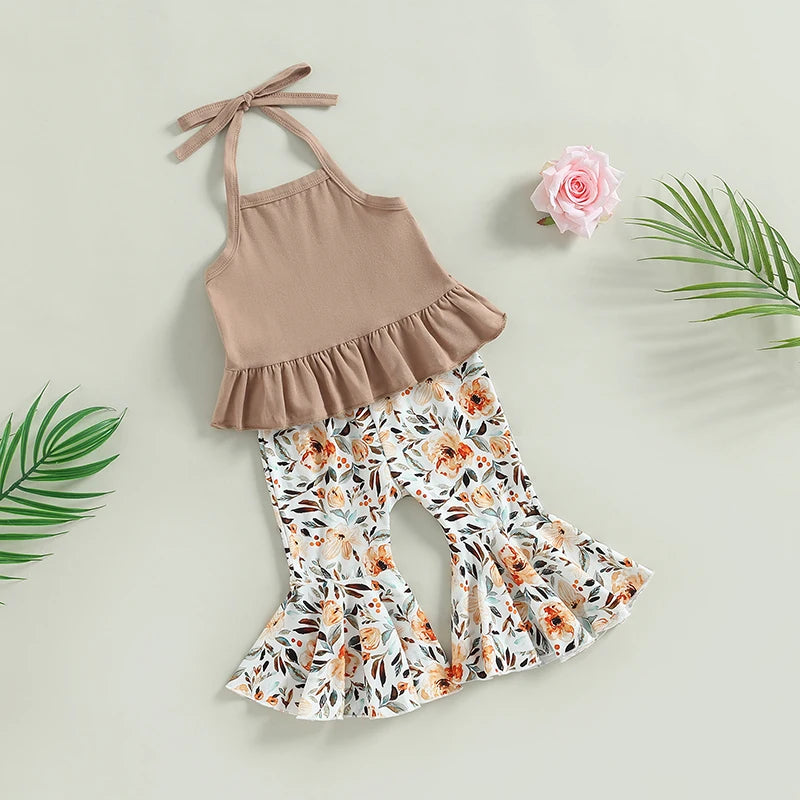 Lioraitiin 0-24M Newborn Baby Girls 2Pcs Set Lacing Halterneck Vest