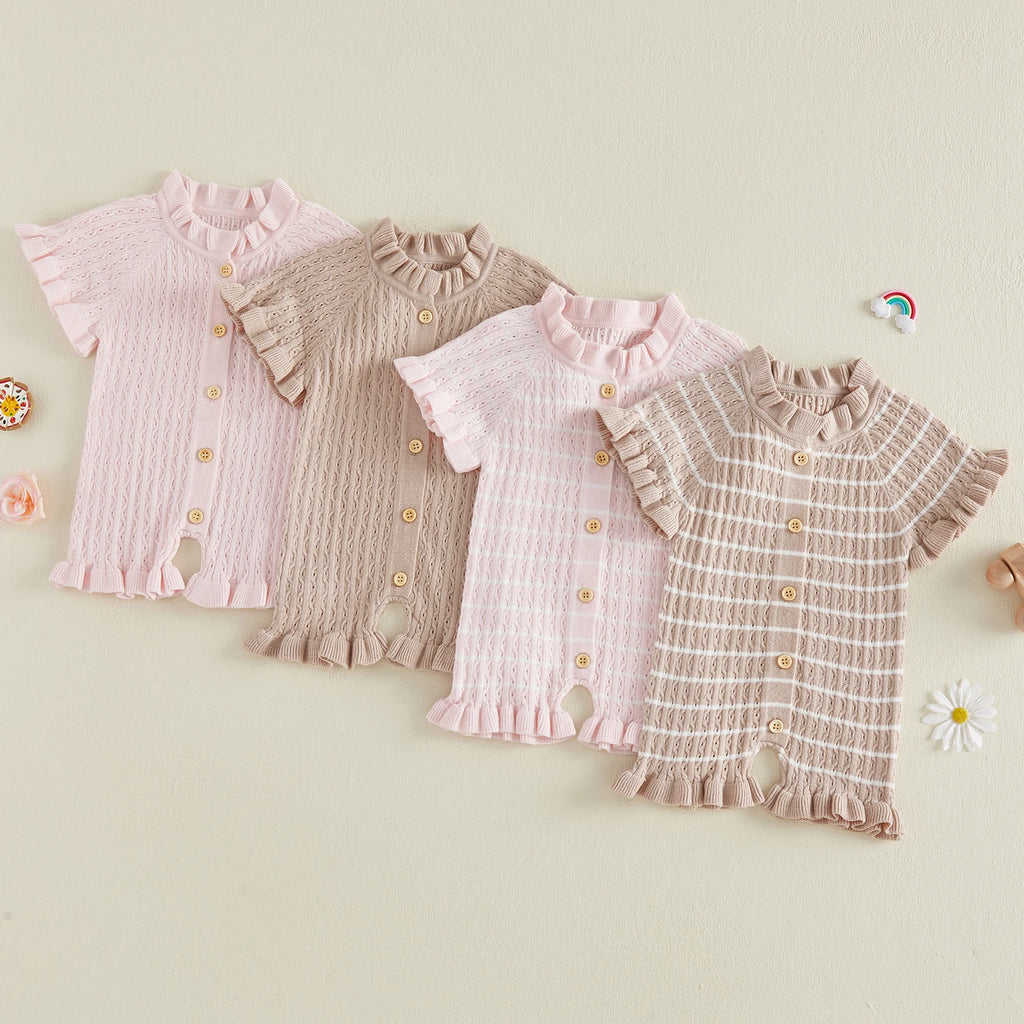 Lioraitiin Newborn Baby Girl Knit Romper Ruffle Trim Short Sleeve