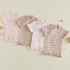 Lioraitiin Newborn Baby Girl Knit Romper Ruffle Trim Short Sleeve