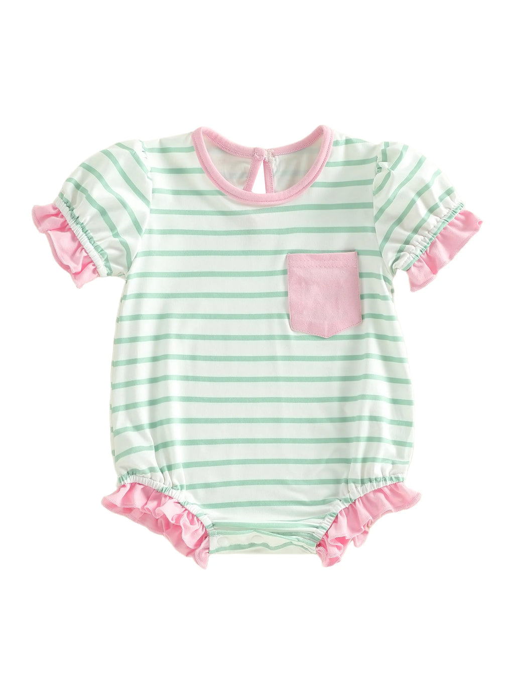 Lioraitiin Baby Girl Striped Romper Ruffle Trim Short Sleeve Crewneck
