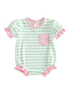 Lioraitiin Baby Girl Striped Romper Ruffle Trim Short Sleeve Crewneck