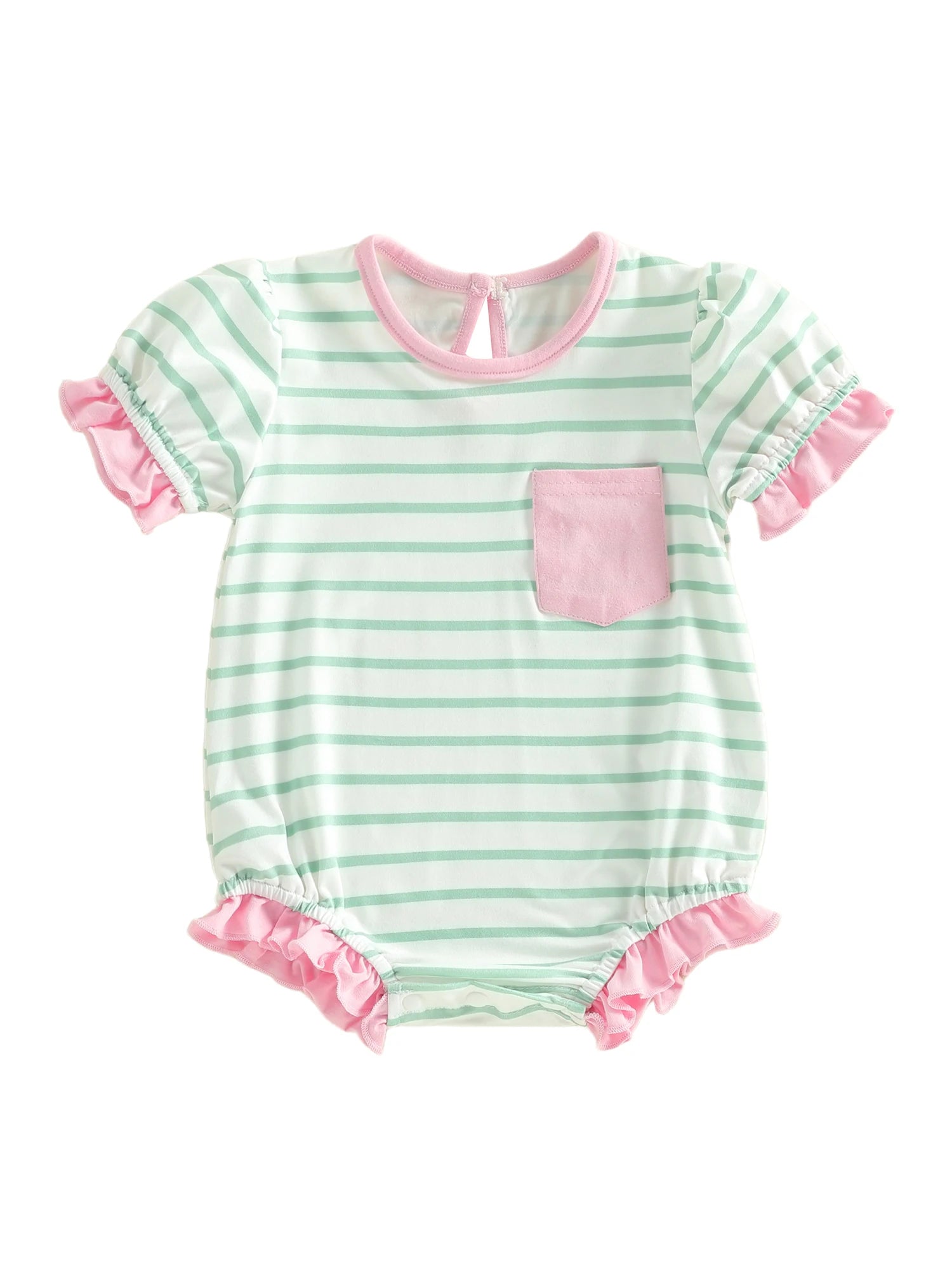 Lioraitiin Baby Girl Striped Romper Ruffle Trim Short Sleeve Crewneck