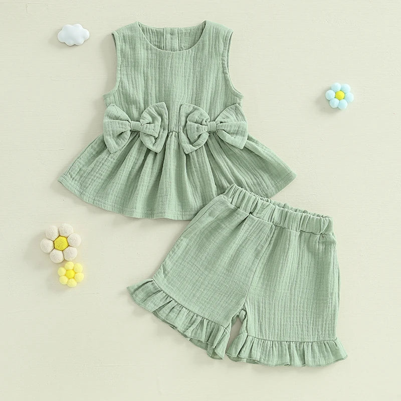 Lioraitiin Toddler Baby Girl Solid Color Bow Round Neck Tank Tops +