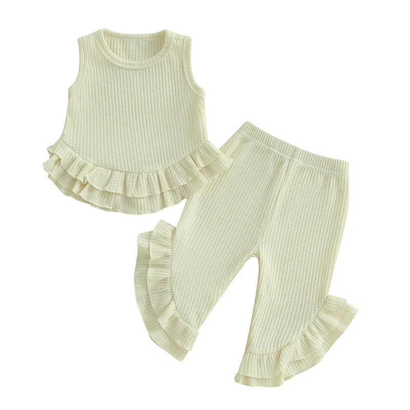 Lioraitiin Toddler Girl Outfits Solid Waffle Round Neck Ruffled Tank