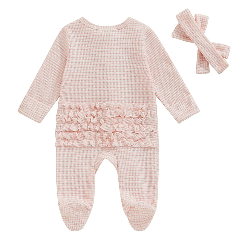 Lioraitiin Baby Girls Footies Rompers Stripe Print Round Neck Ruffles