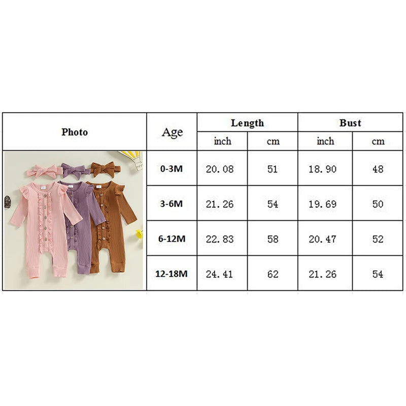 Lioraitiin Baby Girl Rompers Solid Color Buttons Frills Crew Neck