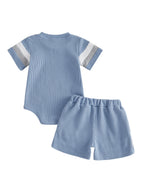 Lioraitiin Baby Boys Sets Fashionable Stripe Trim Short Sleeve Romper