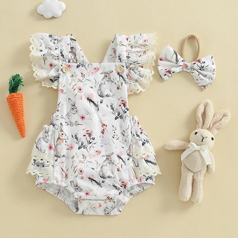Lioraitiin Baby Girls Easter Outfits Flower Bunny Print Lace Trim