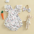Lioraitiin Baby Girls Easter Outfits Flower Bunny Print Lace Trim