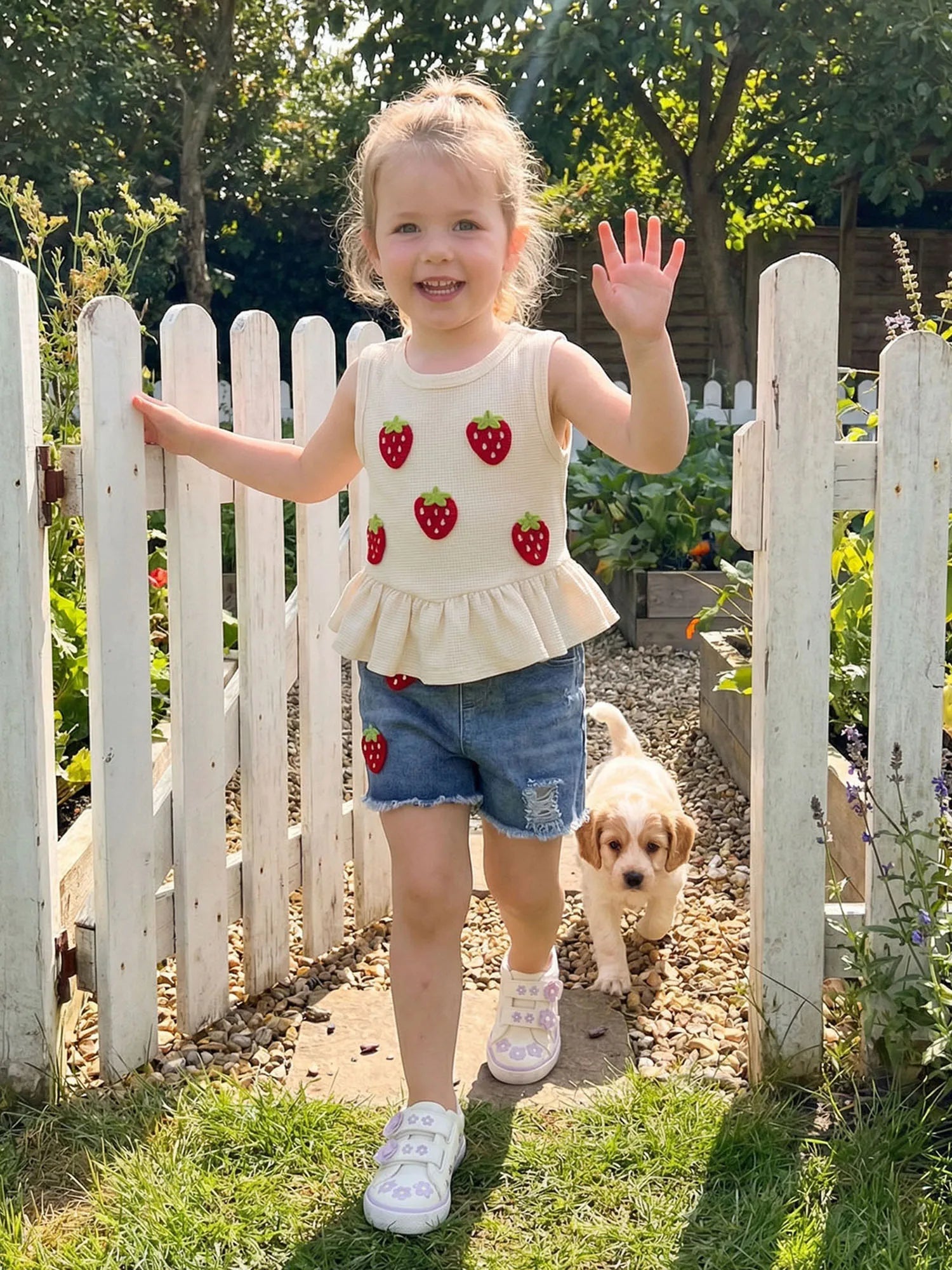 Baby Girls Outfits Floral Strawberry Patch Tank Tops and Ripped Denim