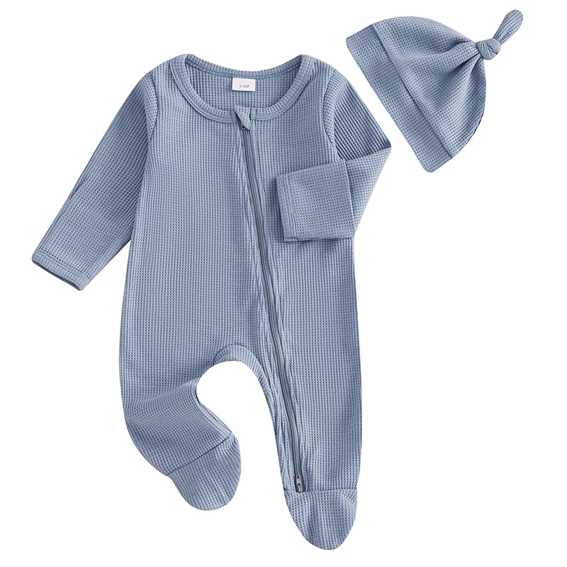 Lioraitiin Newborn Baby Footed Romper Solid Color Waffle Long Sleeve