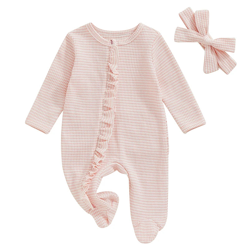 Lioraitiin Baby Girls Footies Rompers Stripe Print Round Neck Ruffles