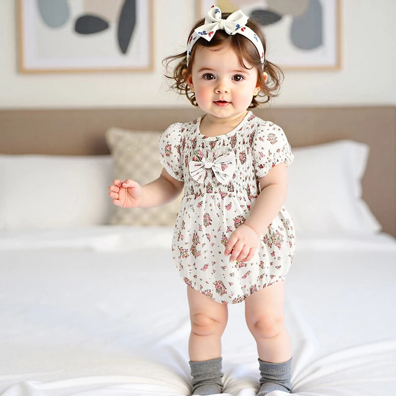 Lioraitiin Baby Girl Outfits Floral Pattern Smocked Crew Neck Short