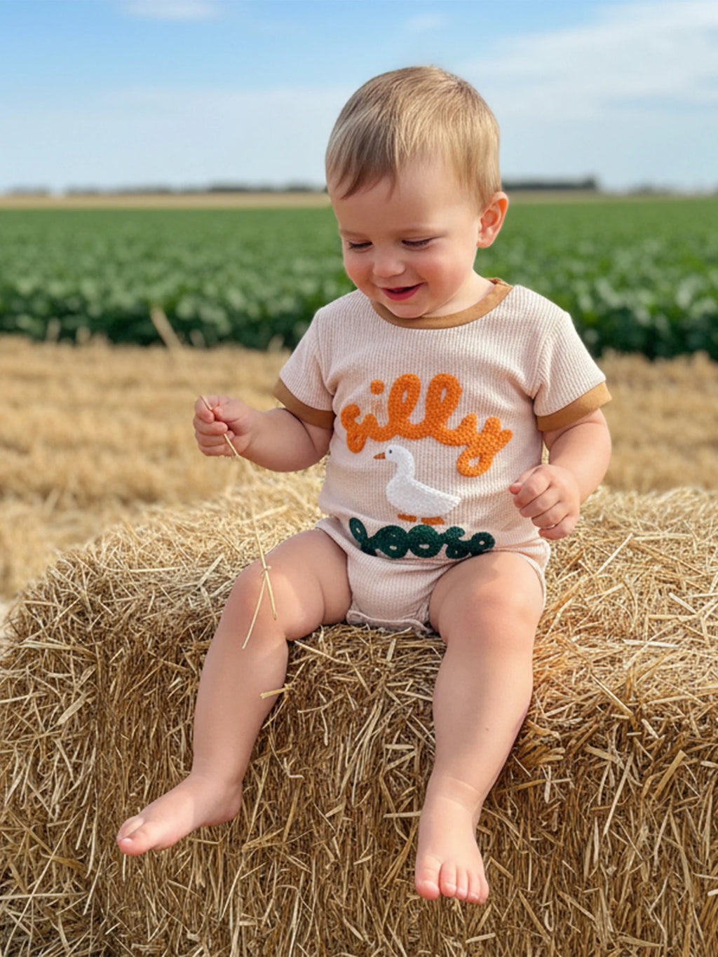 Lioraitiin Baby Girls Romper Fashionable Letter Goose Embroidery Crew