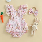 Lioraitiin Baby Girls Easter Outfits Flower Bunny Print Lace Trim