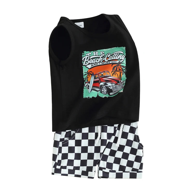 Lioraitiin Toddler Boys Outfits Letter Car Print Sleeveless Tank Tops