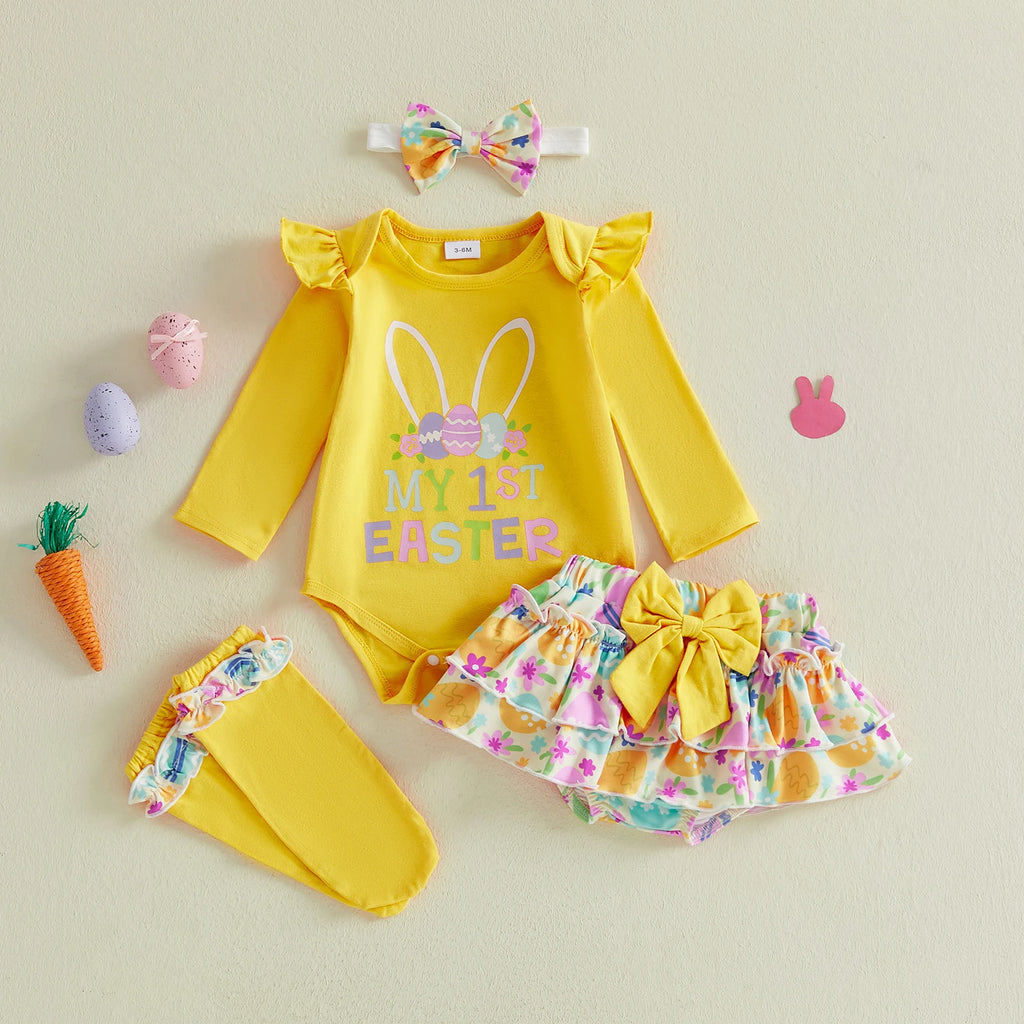 Baby Girl Easter Outfit, Long Sleeve Letters Romper with Eggs Print