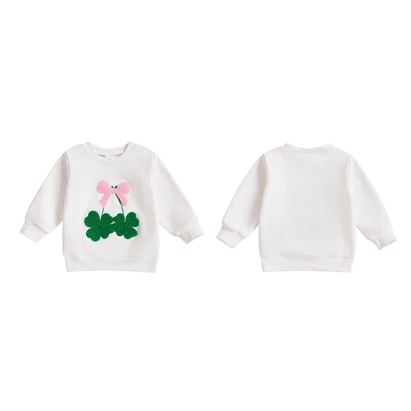 Toddler Baby Girl Irish Sweatshirt Bow Clover Embroidery Long Sleeve