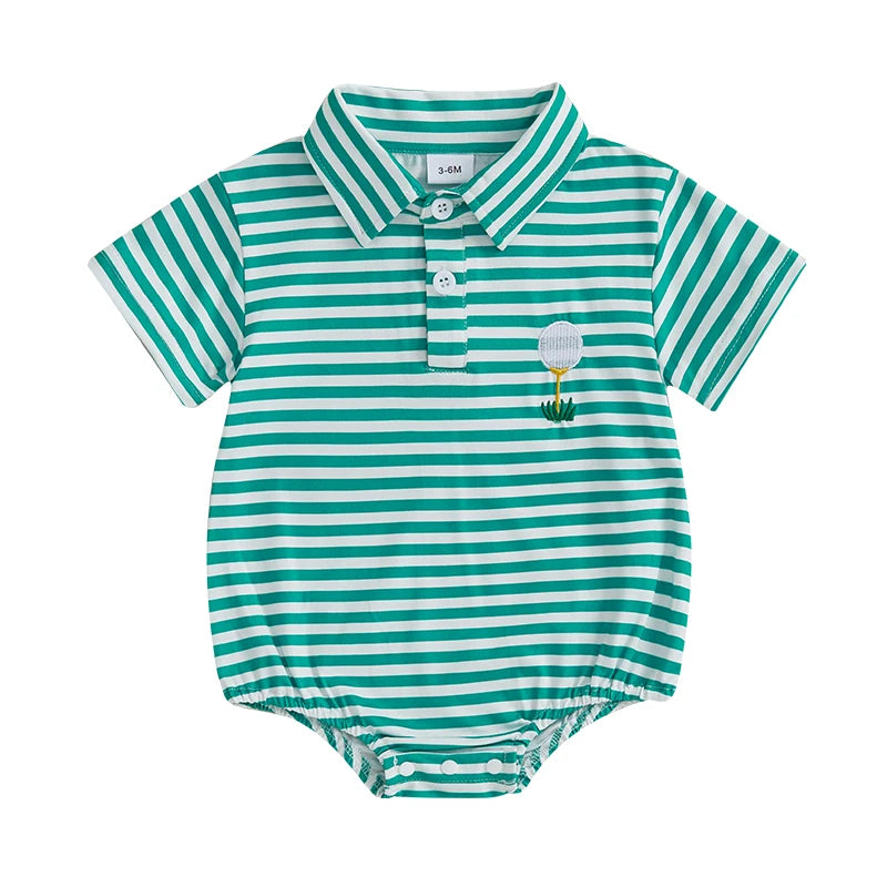 Lioraitiin Baby Boy Romper Short Sleeve Lapel Collar Stripes Print