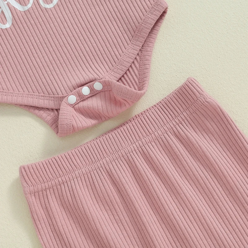 Lioraitiin Baby Girls Ribbed Set Letter Print Long Sleeve Round Neck
