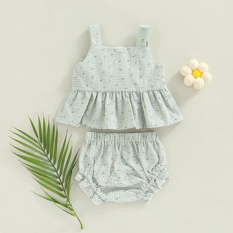 Lioraitiin Infant Baby Girl Outfits Suit Plaid Pattern Floral Printed