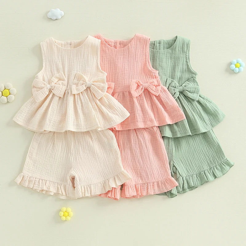 Lioraitiin Toddler Baby Girl Solid Color Bow Round Neck Tank Tops +