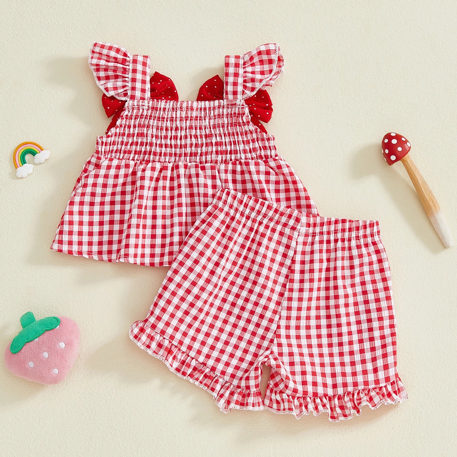 Lioraitiin Toddler Baby Girl Outfit Strawberry Embroidered Plaid Bows