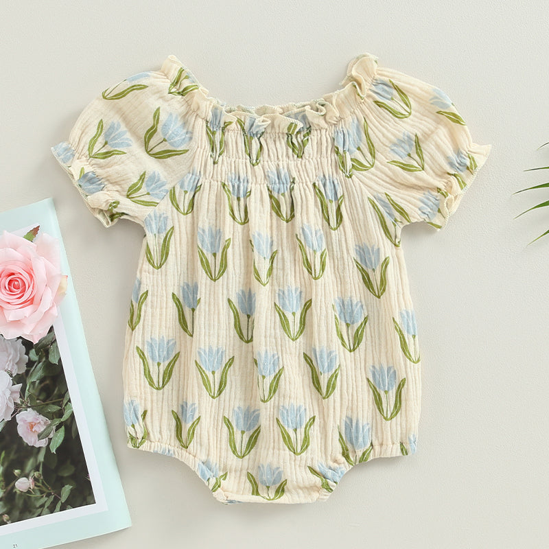 Lioraitiin 0-24M Infant Baby Girls Bodysuit Flower Print Short Puff