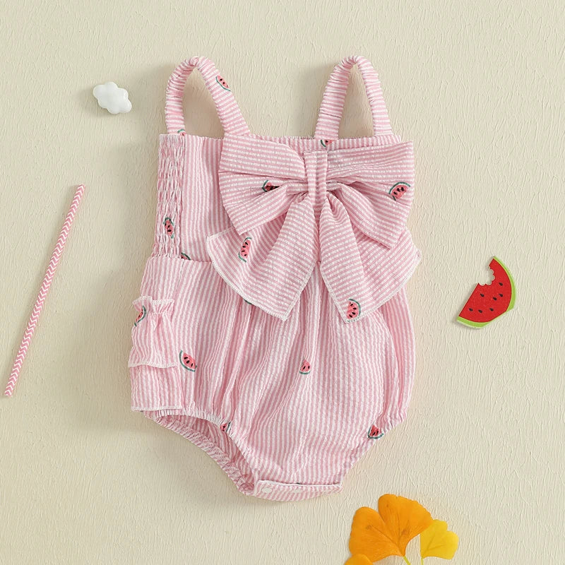 Baby Girl Romper Loose Fit Bow Design Watermelon Print Striped