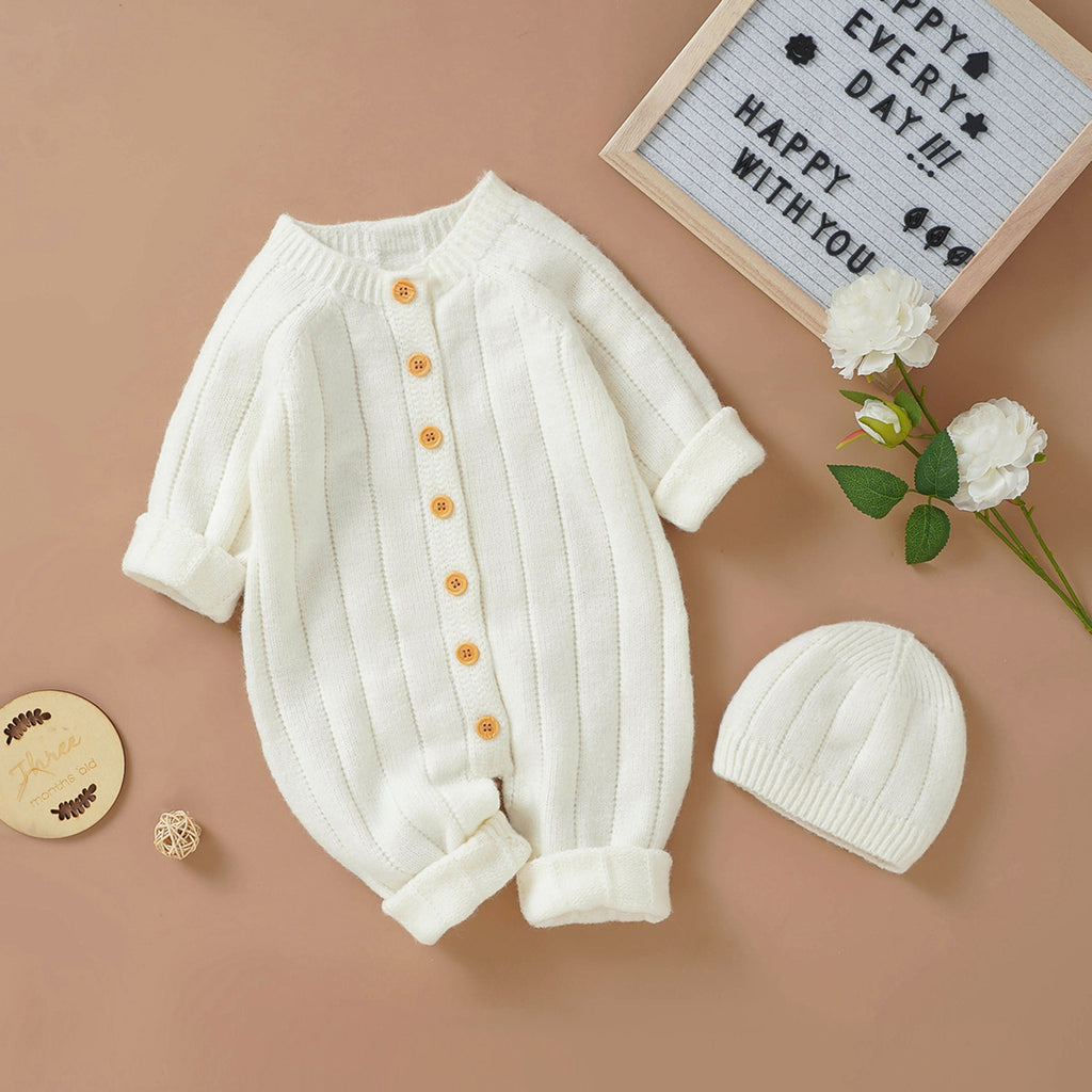 Lioraitiin Infant Jumpsuit and Cap, Solid Color Long Sleeve