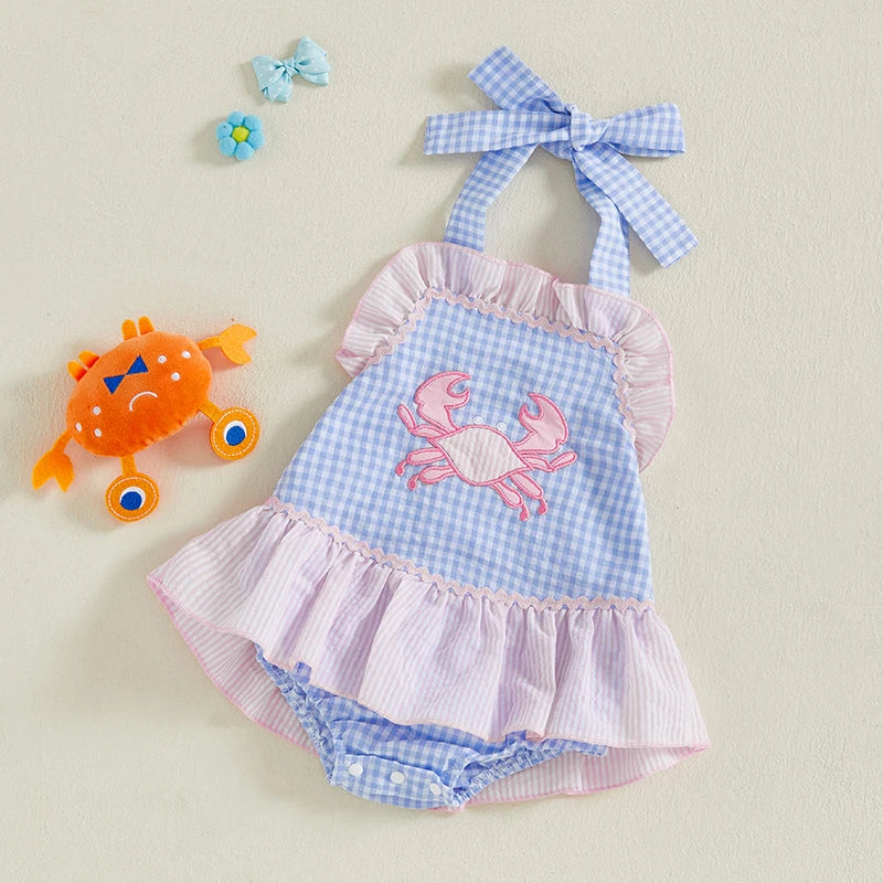 Lioraitiin Baby Girl Crab Plaid Romper Dress Tie-up Halter Neck