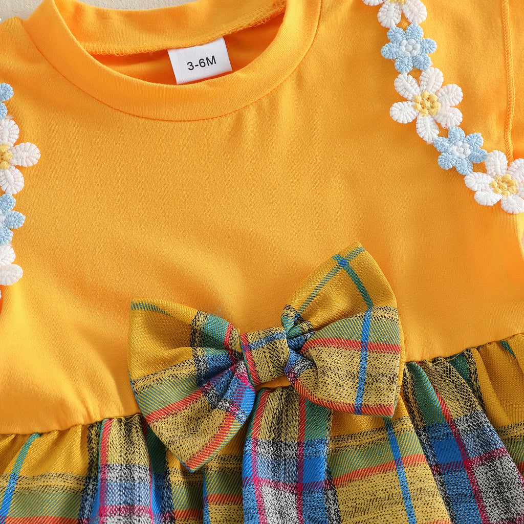 Lioraitiin Baby Girls Rompers Floral Embroidery Plaid Ruffles Skirt