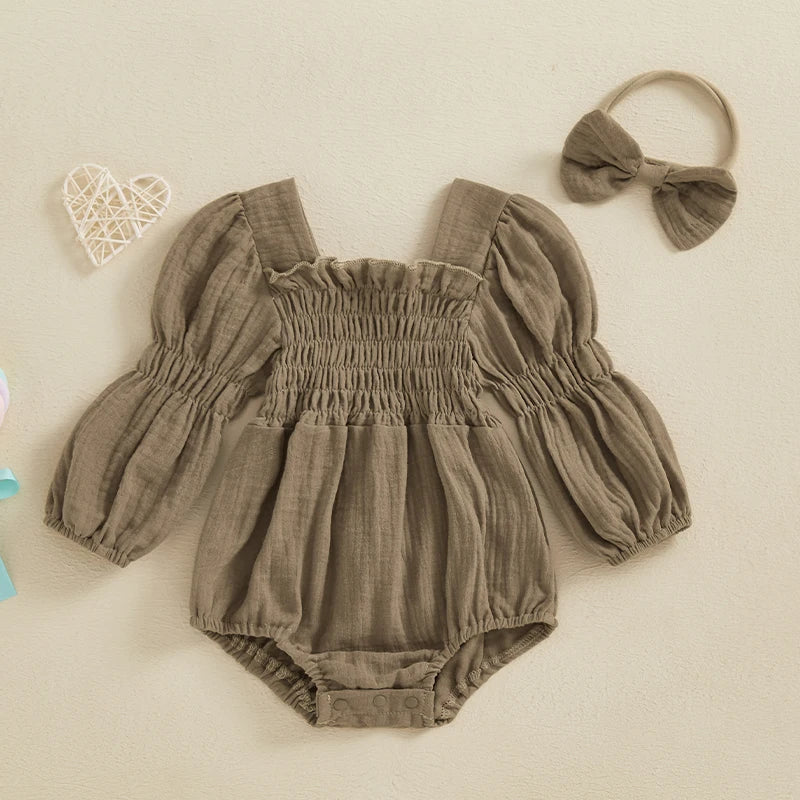 Lioraitiin Baby Girls Romper Long Sleeve Square Neck Solid Color