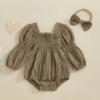 Lioraitiin Baby Girls Romper Long Sleeve Square Neck Solid Color
