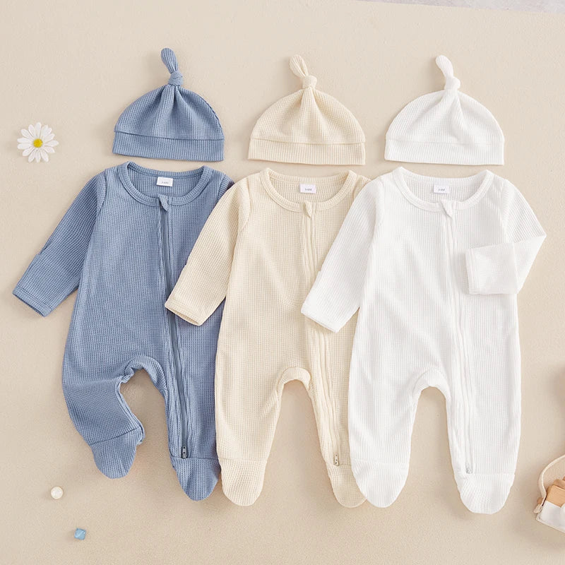 Lioraitiin Newborn Baby Footed Romper Solid Color Waffle Long Sleeve