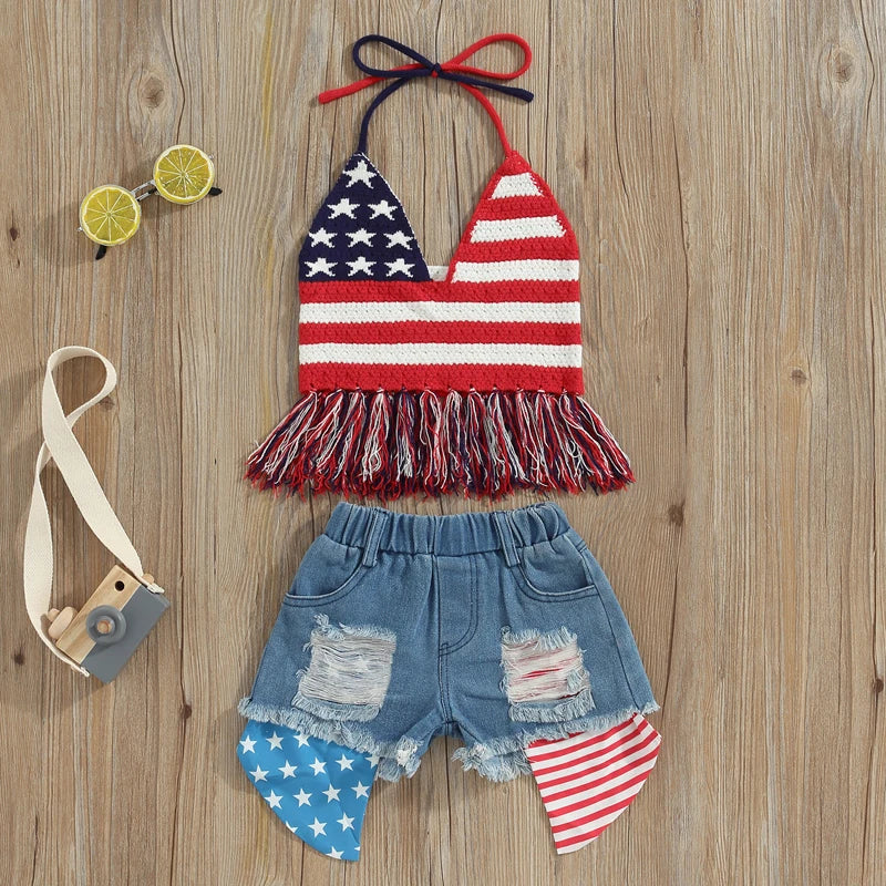 Lioraitiin 0-6Years Toddler Baby Girl 2Pcs Independence Day Set