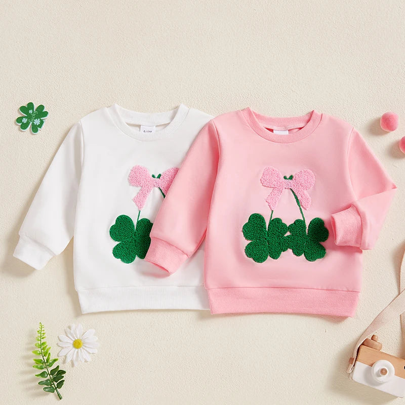 Toddler Baby Girl Irish Sweatshirt Bow Clover Embroidery Long Sleeve