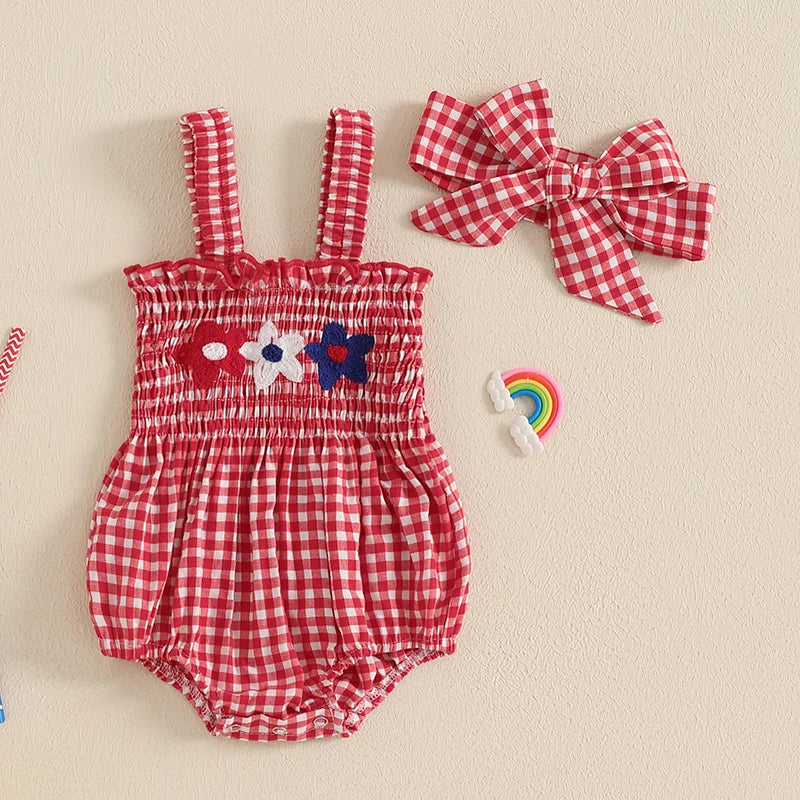 Lioraitiin Baby Girl July 4th Outfit Plaid Letter Embroidery Shirred
